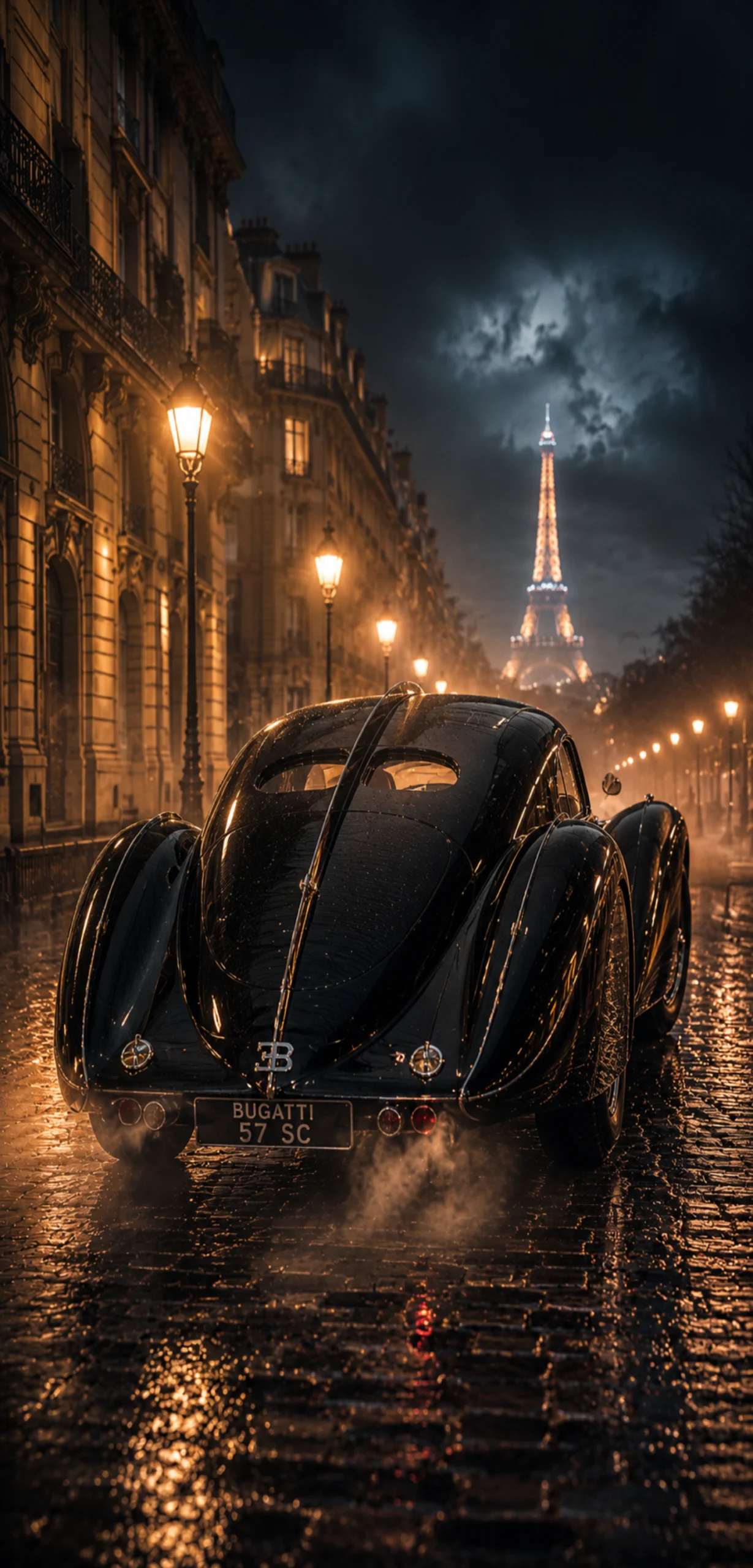 Schwarzer Bugatti 57 SC Atlantic bei Regennacht auf Pariser Straße vor Eiffelturm