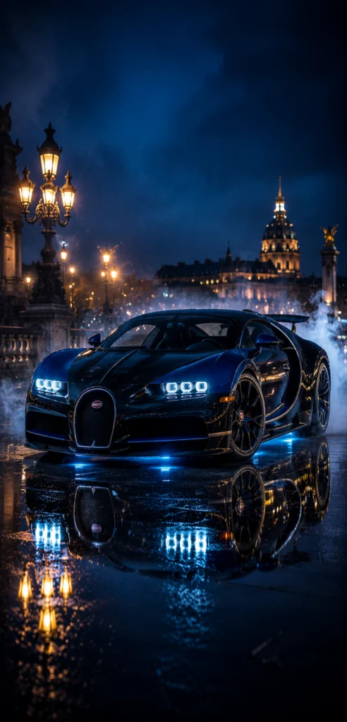 Schwarzer Bugatti Hypercar mit blauem Unterbodenlicht auf regennasser Pariser Platz bei Nacht