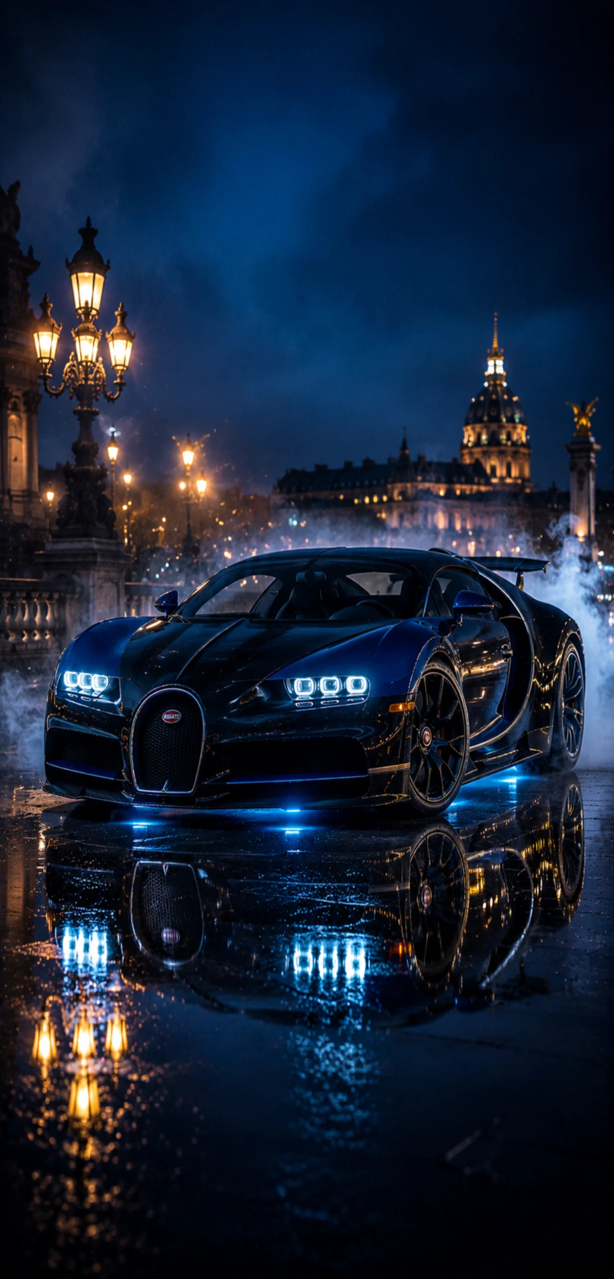Schwarzer Bugatti Hypercar mit blauem Unterbodenlicht auf regennasser Pariser Platz bei Nacht