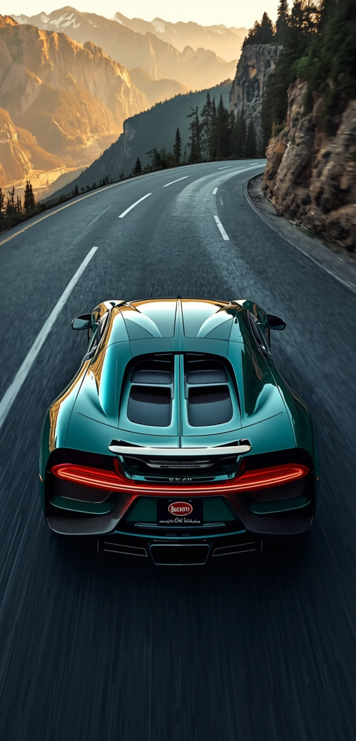 Grün-türkiser Bugatti Hypercar von hinten auf kurviger Bergstraße bei Sonnenaufgang
