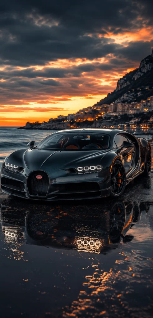 Schwarzer Bugatti Chiron an einer Küstenstraße bei Sonnenuntergang als vertikales Smartphone-Wallpaper.