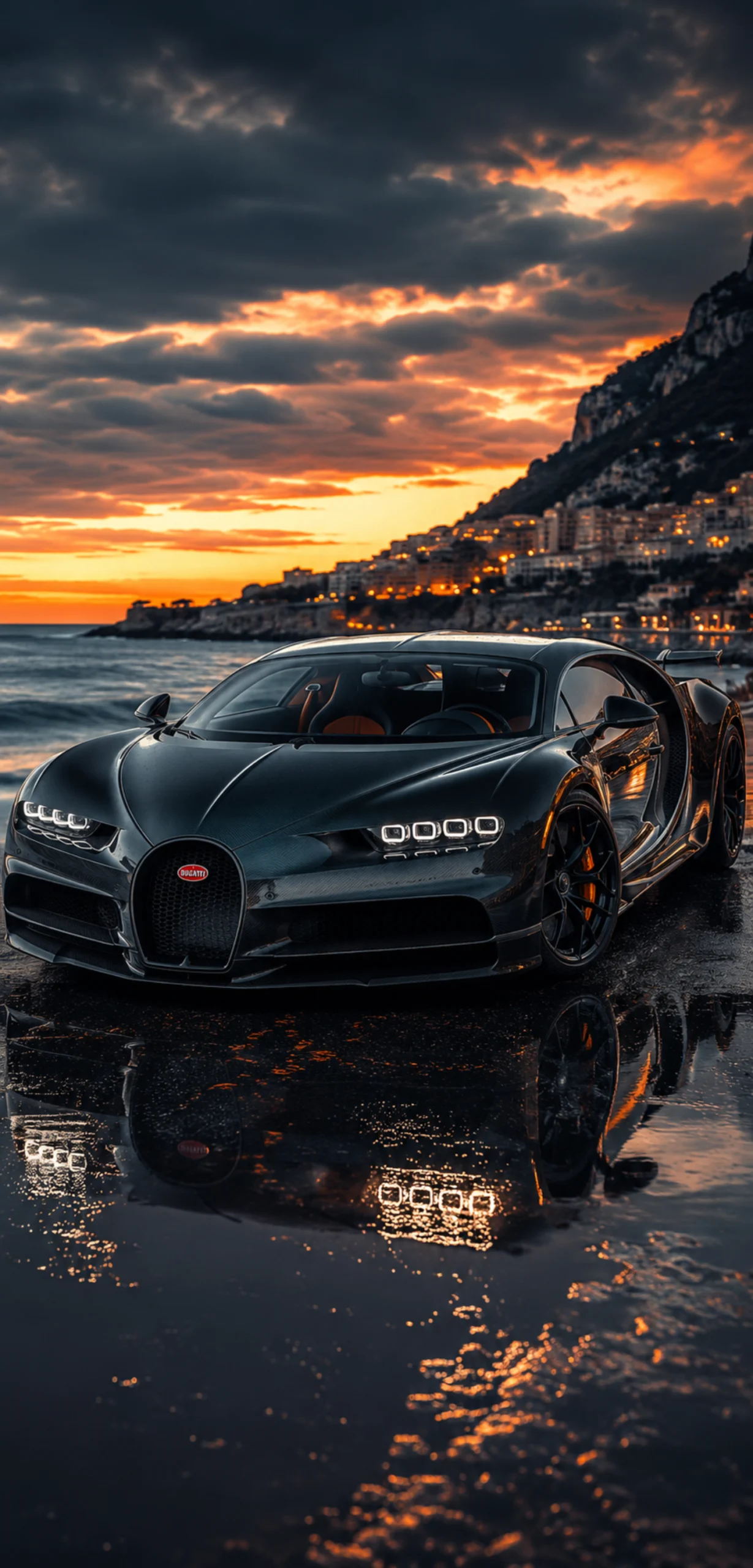 Schwarzer Bugatti Chiron an einer Küstenstraße bei Sonnenuntergang als vertikales Smartphone-Wallpaper.