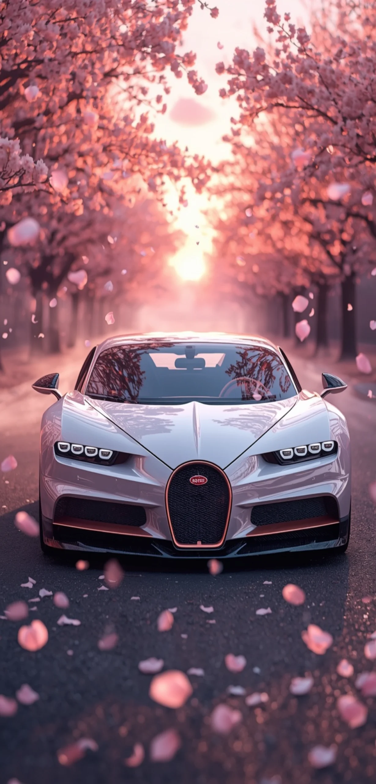 Weißer Bugatti Chiron unter blühenden Kirschbäumen bei Sonnenuntergang als vertikales 4K-Handy-Wallpaper.