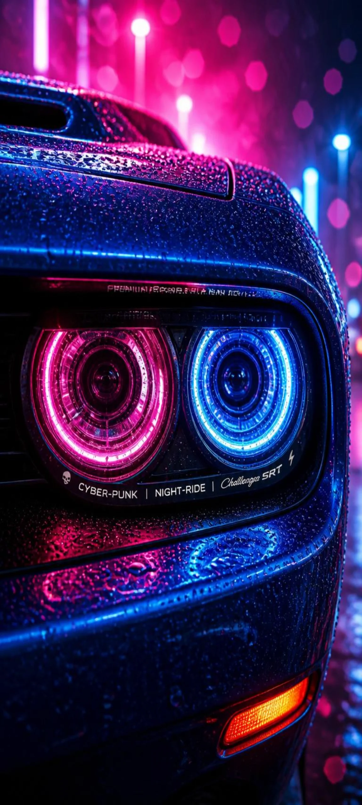 Dodge Challenger SRT Cyberpunk 4K Wallpaper mit neonfarbenen Rückleuchten, Regentropfen und futuristischer Nachtbeleuchtung als Handy-Hintergrundbild.