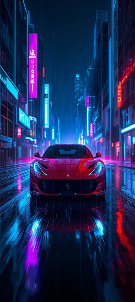 Lade ein beeindruckendes Ferrari 812 Competizione Wallpaper in 4K herunter. Futuristische Neonstadt, Regen und Cyberpunk-Atmosphäre für dein Smartphone.