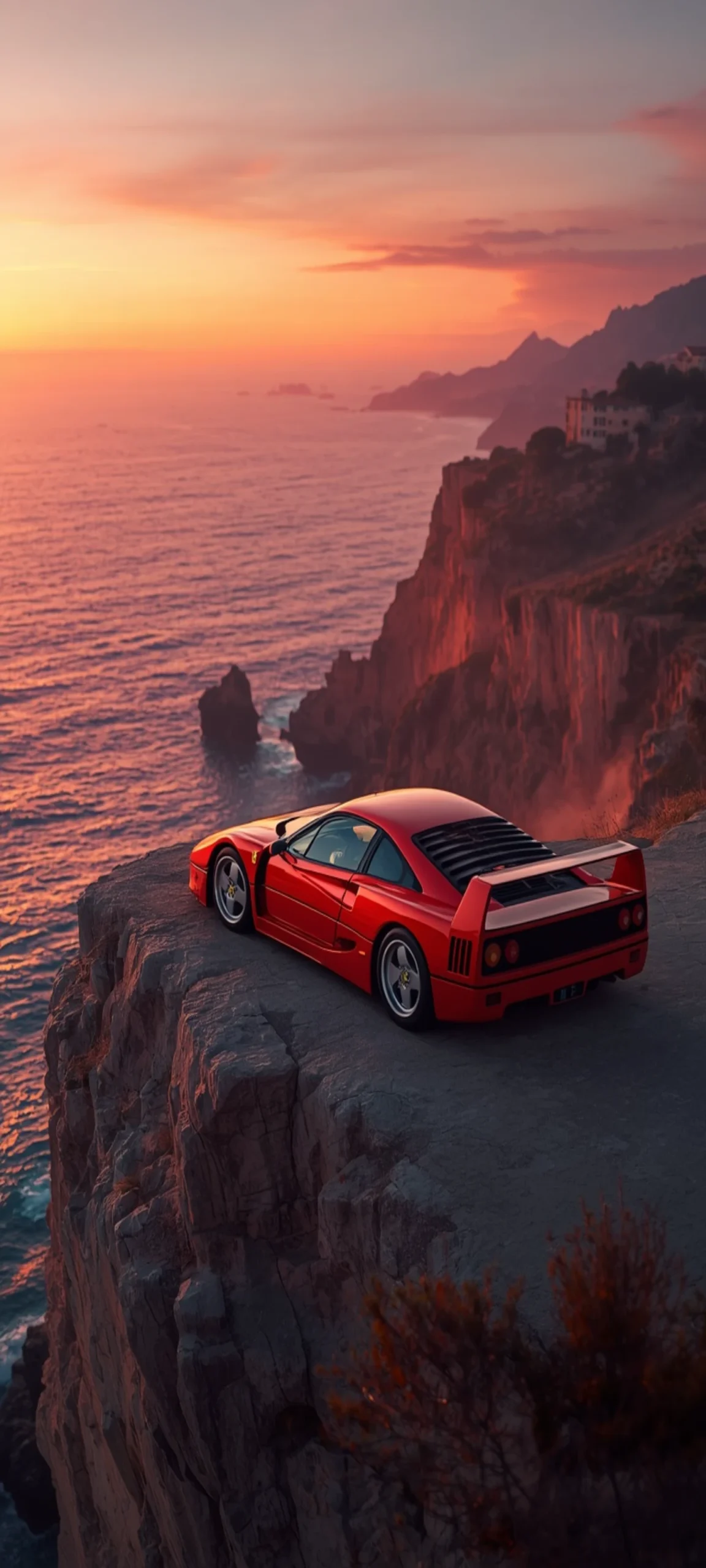 Entdecke ein atemberaubendes Ferrari F40 Wallpaper in 4K mit spektakulärer Küstenlandschaft bei Sonnenuntergang – perfekt für dein Smartphone.
