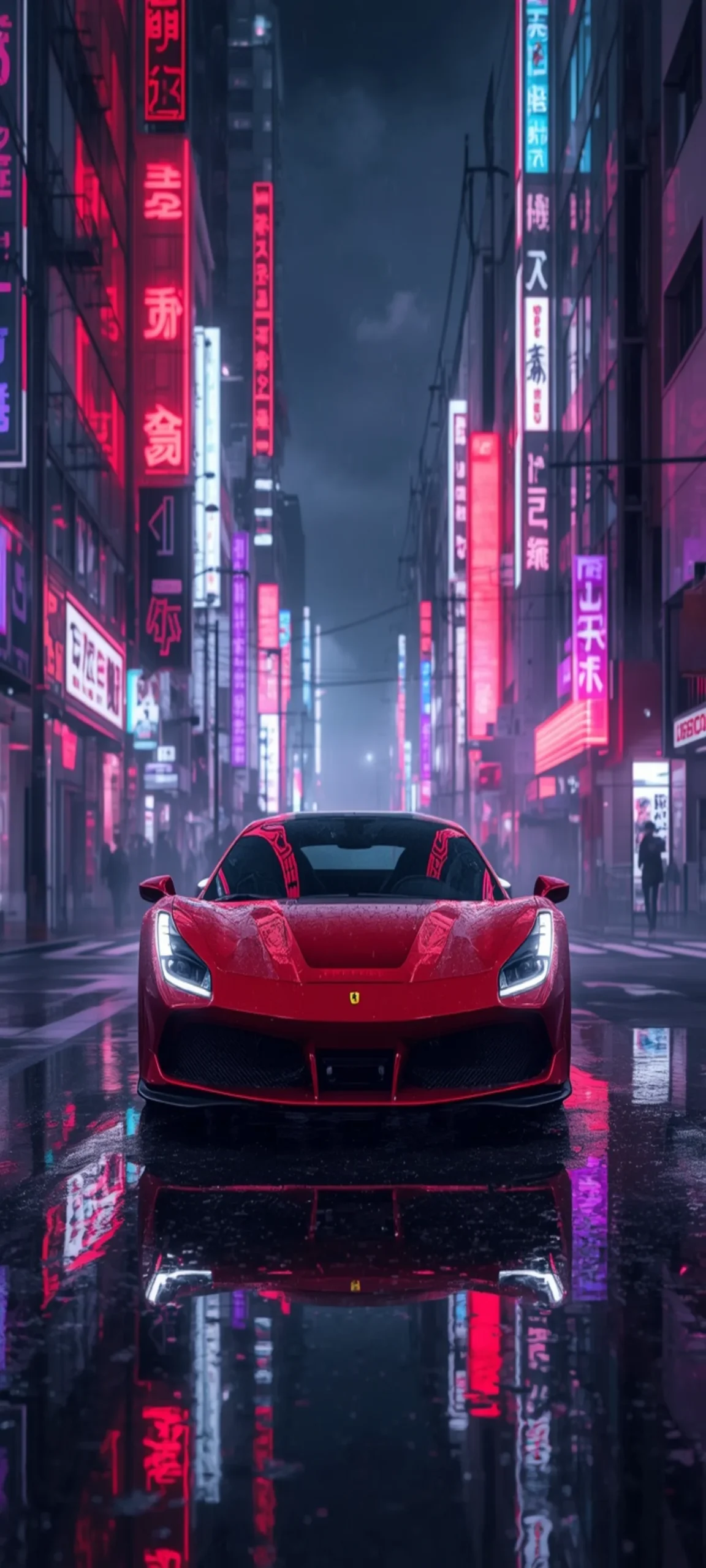 Lade ein spektakuläres Ferrari F80 Wallpaper in 4K herunter. Futuristische Neonstraßen, Regen und Cyberpunk-Atmosphäre für dein Smartphone.