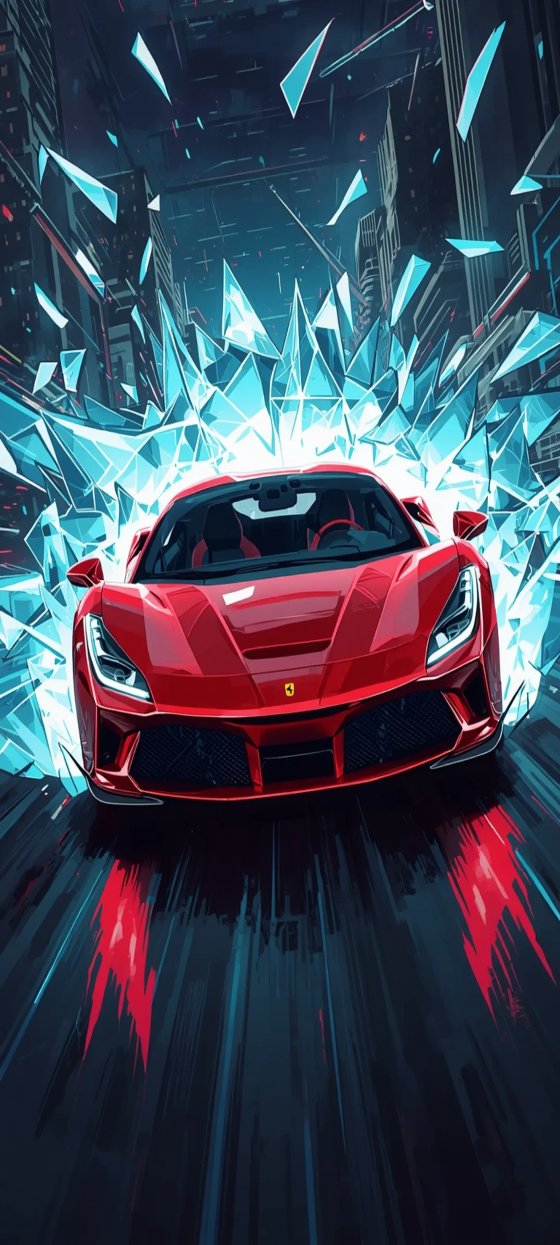 Erlebe den Ferrari F80 als spektakuläres 4K Wallpaper mit futuristischem Comic-Look, leuchtenden Kristallen und dynamischer Action – perfekt fürs Smartphone.