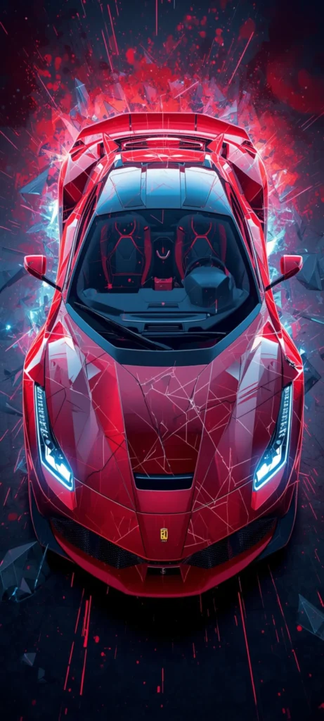 Erleben Sie die perfekte Verbindung aus italienischer Ingenieurskunst und futuristischer Digital Art mit diesem beeindruckenden Ferrari SF90 Stradale Wallpaper. Der ikonische Supersportwagen in der klassischen Lackierung Rosso Corsa steht im Mittelpunkt einer spektakulären Komposition, die Dynamik, Eleganz und moderne Designästhetik miteinander vereint. Die außergewöhnliche Draufsicht hebt die markanten Linien der Karosserie hervor und verleiht dem Hintergrund eine einzigartige Perspektive.