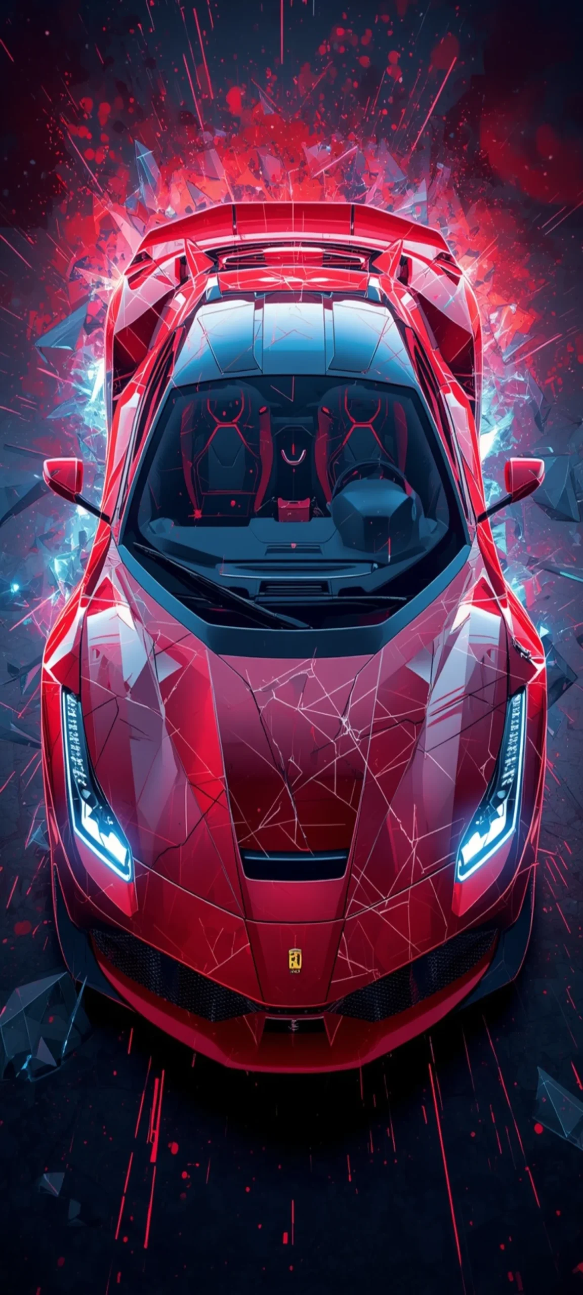 Erleben Sie die perfekte Verbindung aus italienischer Ingenieurskunst und futuristischer Digital Art mit diesem beeindruckenden Ferrari SF90 Stradale Wallpaper. Der ikonische Supersportwagen in der klassischen Lackierung Rosso Corsa steht im Mittelpunkt einer spektakulären Komposition, die Dynamik, Eleganz und moderne Designästhetik miteinander vereint. Die außergewöhnliche Draufsicht hebt die markanten Linien der Karosserie hervor und verleiht dem Hintergrund eine einzigartige Perspektive.