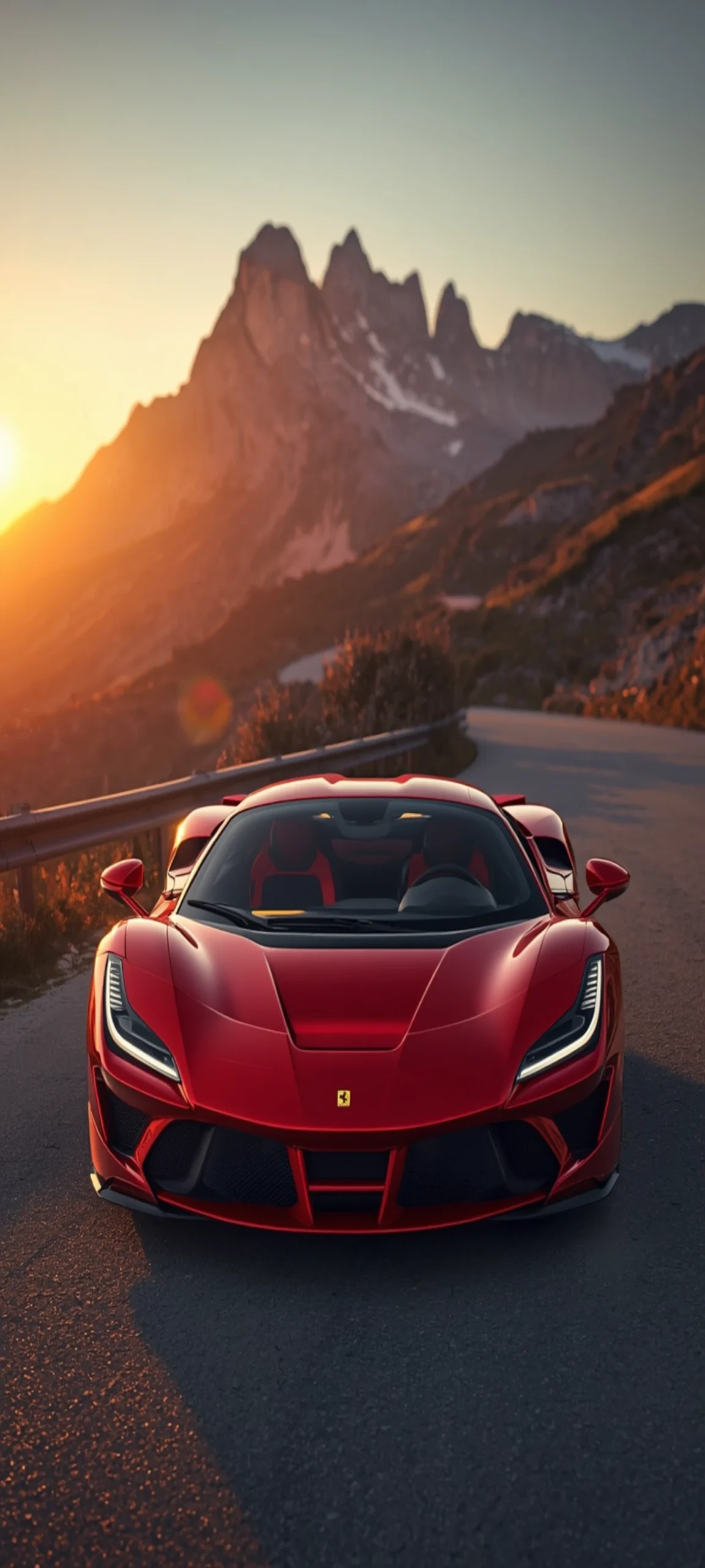 Entdecke ein beeindruckendes Ferrari SF90 Stradale Wallpaper in 4K mit Bergkulisse bei Sonnenaufgang – perfekt als hochwertiger Handy-Hintergrund.