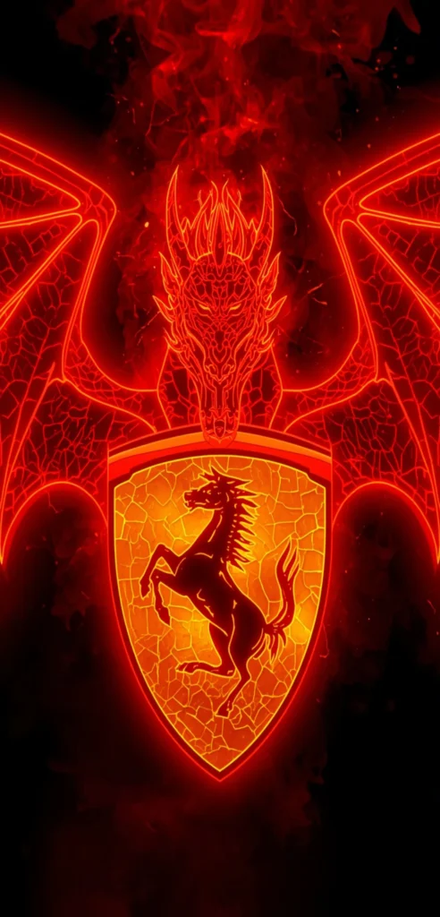Leuchtender roter Drache über einem Ferrari-Wappen auf schwarzem Hintergrund als vertikales Smartphone-Wallpaper.