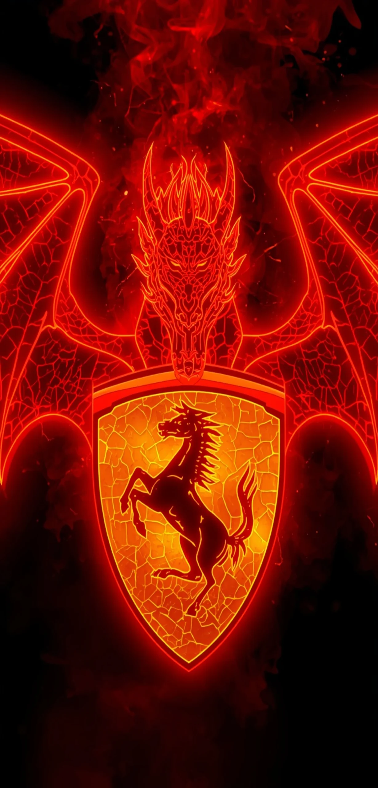 Leuchtender roter Drache über einem Ferrari-Wappen auf schwarzem Hintergrund als vertikales Smartphone-Wallpaper.