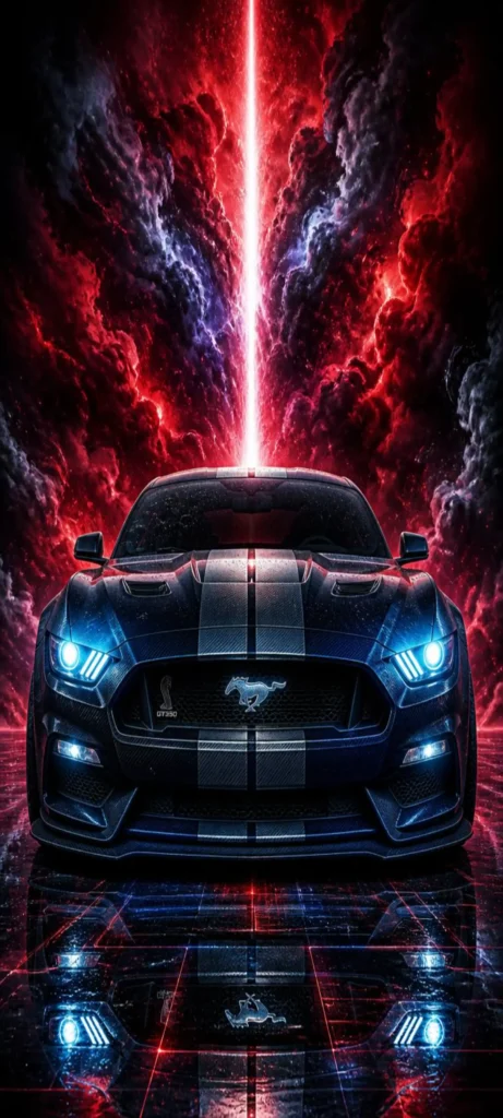 Ford Mustang Shelby GT350 mit weißen Rennstreifen vor dramatischen roten Wolken und einem vertikalen Neon-Laser als 4K Handy Wallpaper.