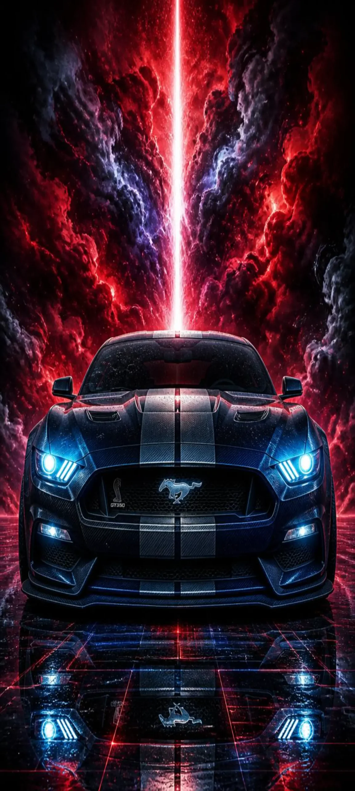 Ford Mustang Shelby GT350 mit weißen Rennstreifen vor dramatischen roten Wolken und einem vertikalen Neon-Laser als 4K Handy Wallpaper.