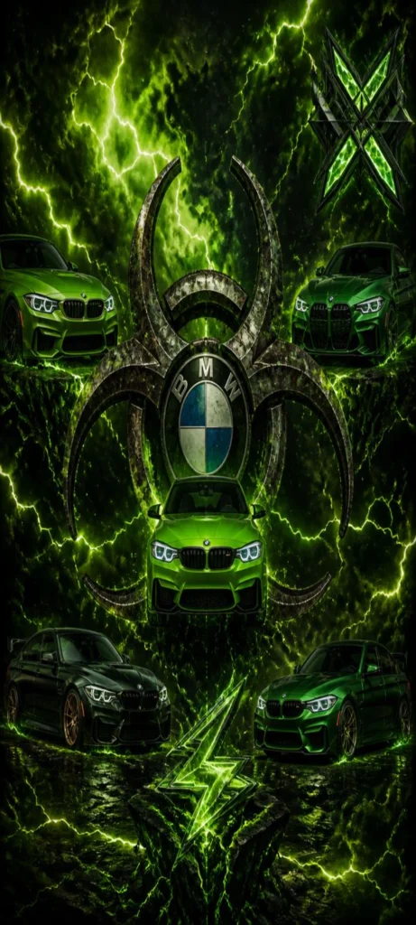 Grünes BMW M Performance Wallpaper mit mehreren BMW Sportwagen, BMW Logo, grünen Blitzen und futuristischem Hintergrund als 4K Smartphone Wallpaper.