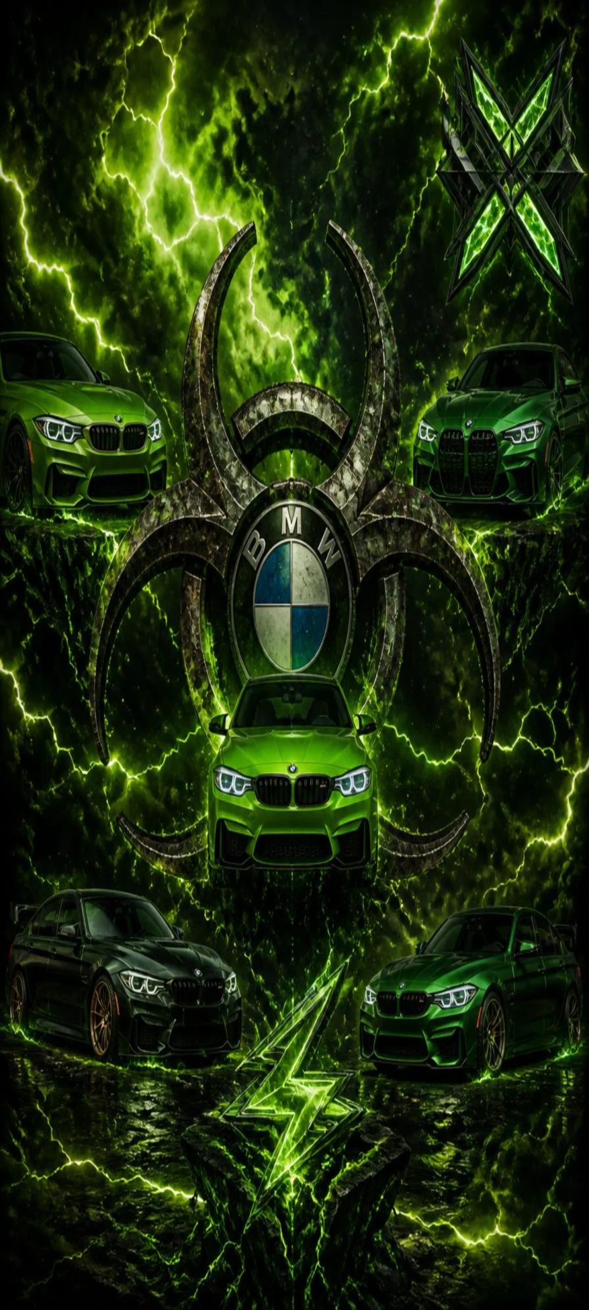 Grünes BMW M Performance Wallpaper mit mehreren BMW Sportwagen, BMW Logo, grünen Blitzen und futuristischem Hintergrund als 4K Smartphone Wallpaper.