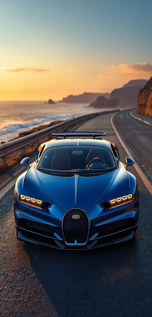 Blauer Bugatti Hypercar auf Küstenstraße bei Sonnenuntergang, optimiert fürs iPhone-Display