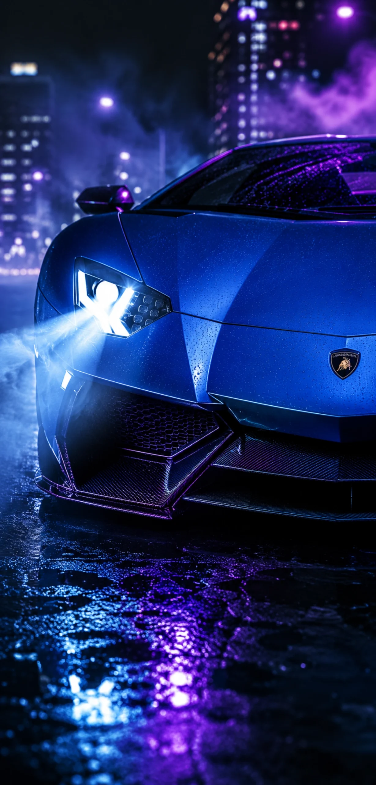 Blauer Lamborghini Aventador bei Nacht mit Neonlicht in der Stadt – Handy Hintergrundbild 4K