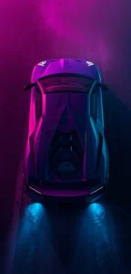 Lamborghini Neon Lila-Blau – Kostenloses Handy Hintergrundbild 4K Supersportwagen von oben in Neonlicht Lila und Blau, 4K Handy-Wallpaper