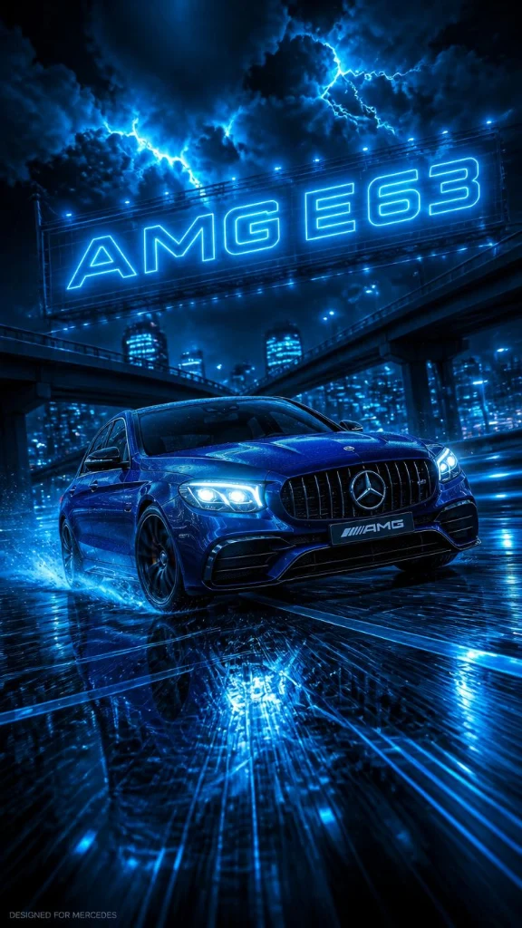 Erlebe den Mercedes-AMG E63 als beeindruckendes 4K-Handy-Wallpaper mit futuristischer Neon-Atmosphäre, Regen, Skyline und markantem AMG-Design.