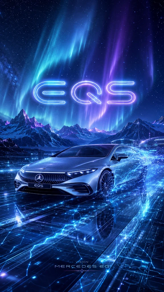 Erlebe den Mercedes-Benz EQS als futuristisches 4K-Handy-Wallpaper mit Polarlichtern, digitaler Landschaft und modernem Elektroauto-Design.