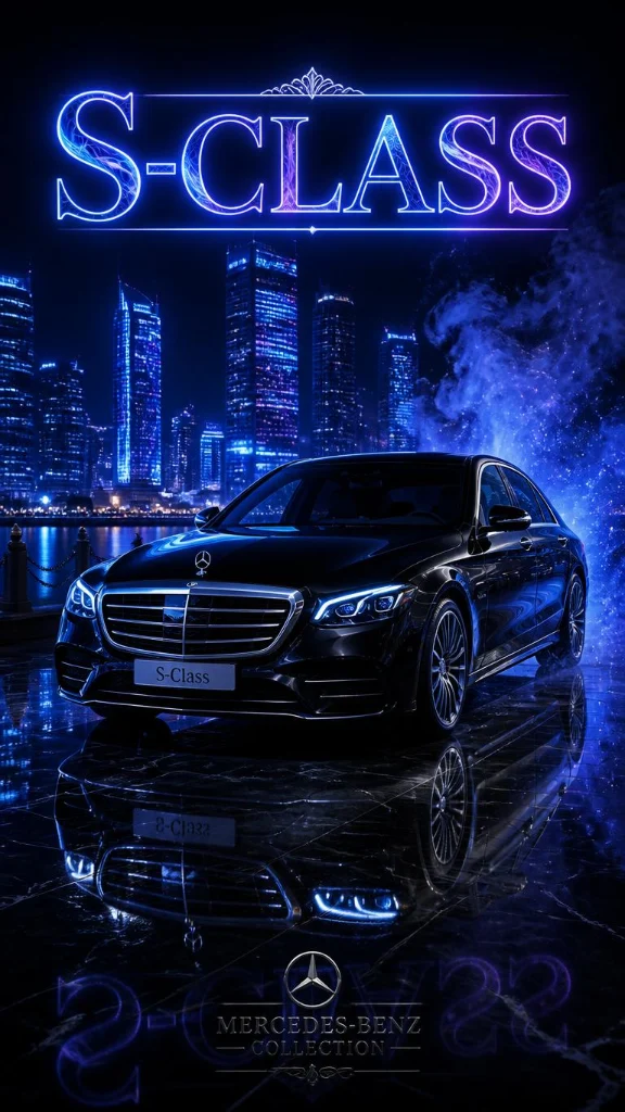 Elegantes Mercedes-Benz S-Klasse Wallpaper in 4K für dein Smartphone. Luxuriöses Nachtmotiv mit Skyline, Spiegelungen und moderner Premium-Atmosphäre.