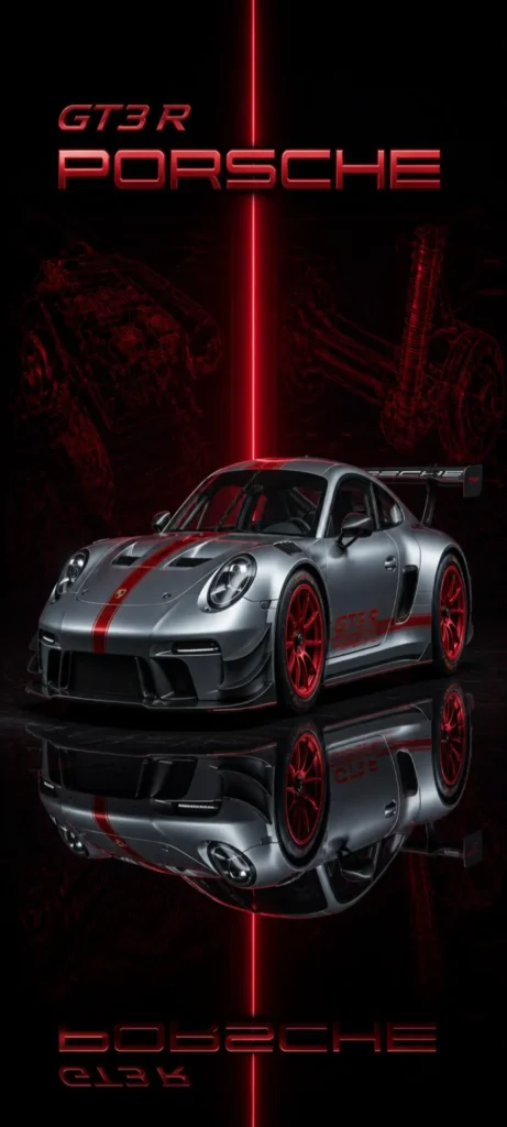 Dieses hochwertige Smartphone-Hintergrundbild zeigt den Porsche 911 GT3 R in einer eindrucksvollen Studioinszenierung mit markanten roten Akzenten und dunkler Hightech-Atmosphäre. Die Kombination aus silberner Karosserie, roten Felgen und grafischen Konstruktionszeichnungen im Hintergrund verleiht dem Motiv einen exklusiven Motorsport-Look. Dank der perfekt abgestimmten Komposition eignet sich dieses Wallpaper ideal für alle, die moderne Sportwagen und ein elegantes Smartphone-Design schätzen.