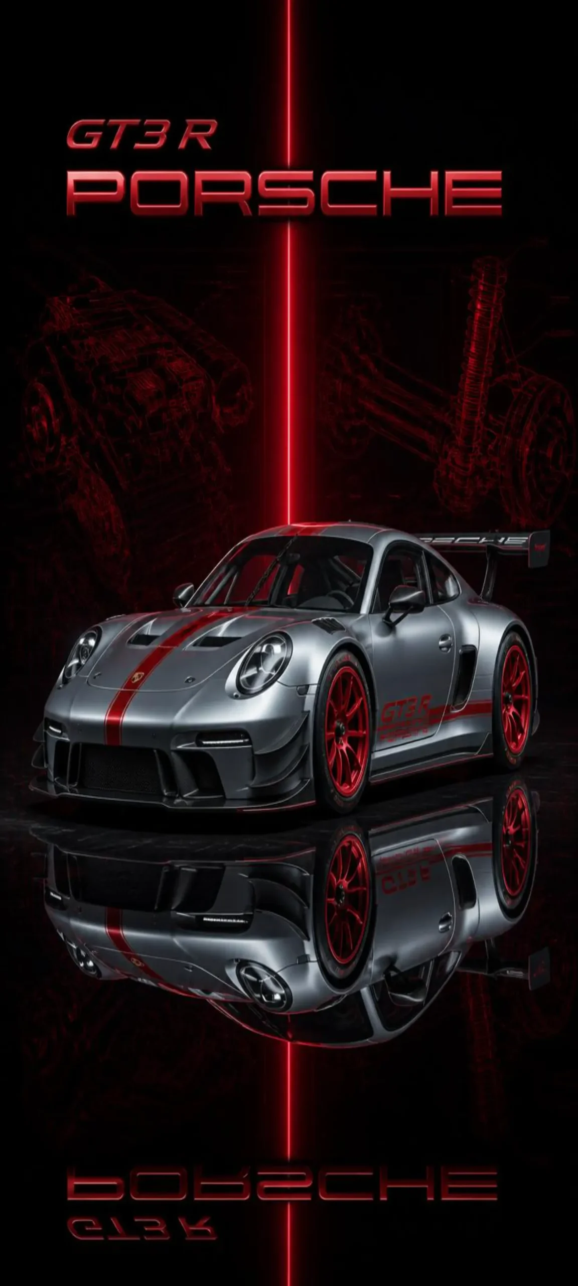 Dieses hochwertige Smartphone-Hintergrundbild zeigt den Porsche 911 GT3 R in einer eindrucksvollen Studioinszenierung mit markanten roten Akzenten und dunkler Hightech-Atmosphäre. Die Kombination aus silberner Karosserie, roten Felgen und grafischen Konstruktionszeichnungen im Hintergrund verleiht dem Motiv einen exklusiven Motorsport-Look. Dank der perfekt abgestimmten Komposition eignet sich dieses Wallpaper ideal für alle, die moderne Sportwagen und ein elegantes Smartphone-Design schätzen.