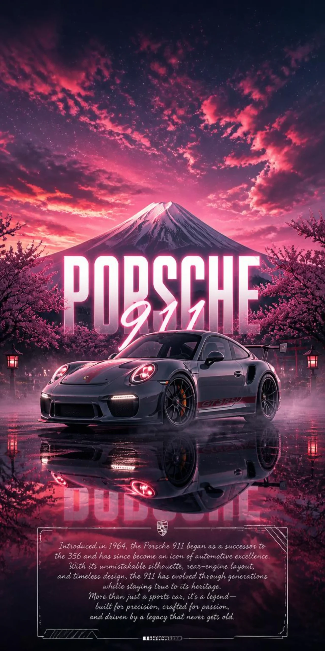 Entdecke dieses beeindruckende Porsche 911 GT3 RS Wallpaper in 4K mit japanischer Landschaft und Mount Fuji. Kostenlos für Android und iPhone.