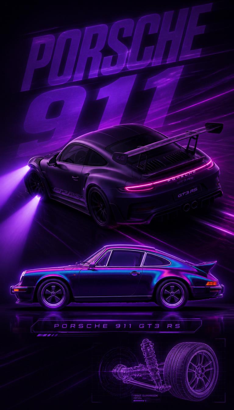 Lade dieses einzigartige Porsche 911 GT3 RS Wallpaper in 4K für dein Smartphone herunter. Neon-Design, ikonische 911-Silhouetten und beeindruckende Premium-Optik.