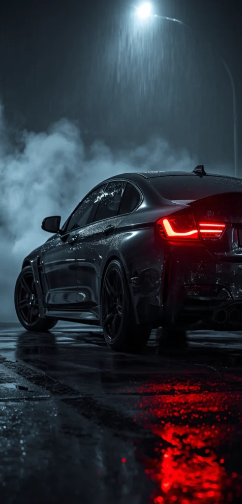 Dunkle Sportlimousine im Regen bei Nacht mit leuchtenden Rücklichtern, 4K Handy-Wallpaper