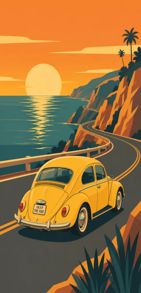 Gelber klassischer VW Käfer auf einer Küstenstraße bei Sonnenuntergang im minimalistischen Retro-Illustrationsstil.
