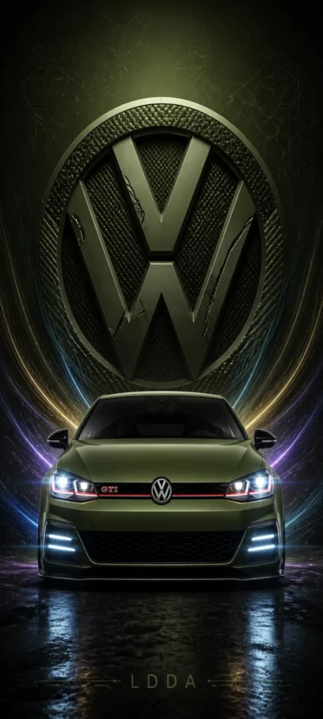 Kraftvolles Volkswagen Golf GTI Wallpaper mit militärgrünem Design, leuchtenden LEDs und ikonischem VW-Logo in beeindruckender 4K-Qualität.