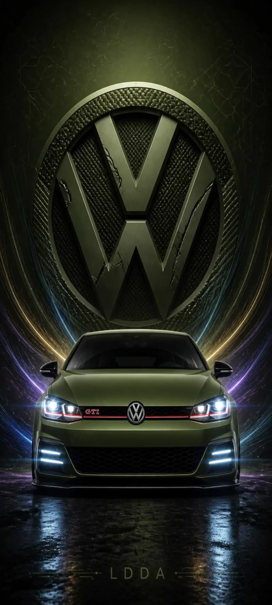 Kraftvolles Volkswagen Golf GTI Wallpaper mit militärgrünem Design, leuchtenden LEDs und ikonischem VW-Logo in beeindruckender 4K-Qualität.