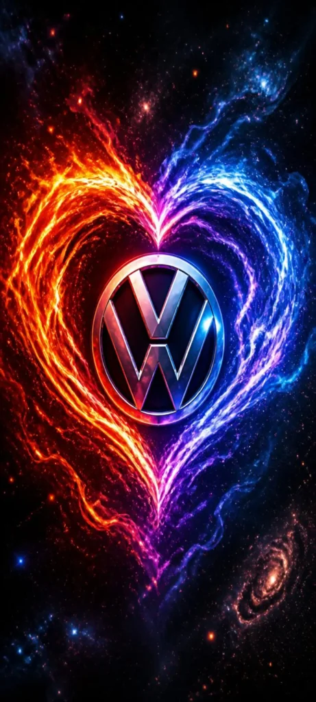 hintergrundbild VW Käfer Retro-Grafik – Klassisches Design am Meer bei Sonnenuntergang Volkswagen Logo Wallpaper 4K – Kosmischer Handy Hintergrund mit Feuer und Eis