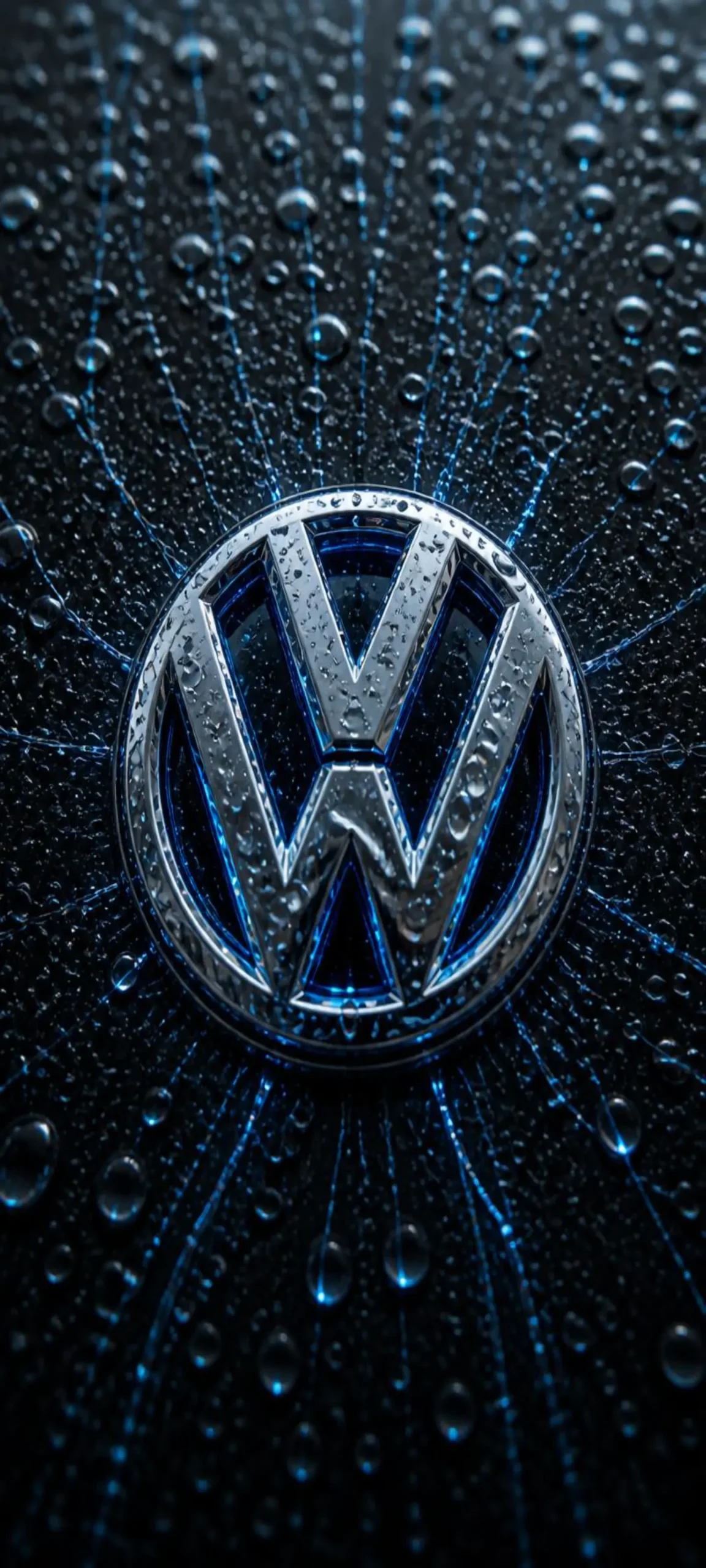 Elegantes Volkswagen Logo Wallpaper mit realistischen Regentropfen, blauem Licht und Carbon-Hintergrund in gestochen scharfer 4K-Qualität für Smartphones.