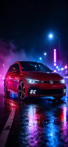 VW Golf GTI Hintergrundbild fürs Handy in 4K Roter VW Golf GTI bei Nacht auf nasser Straße mit pinkem und blauem Neonlicht